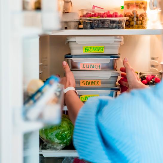 Woman putting planned meals into refrigerator